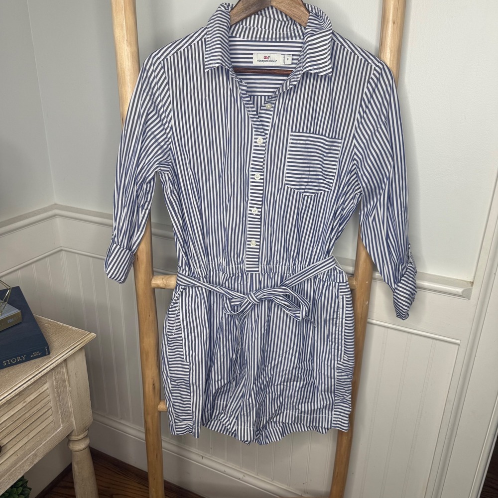 Vineyard Vines Blue White Striped Long Sleeve Button Front Belted Romper Size 8